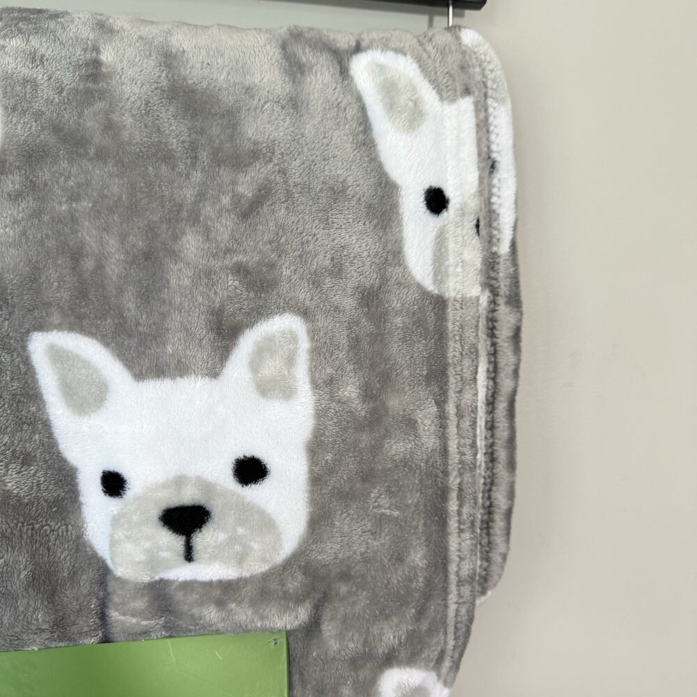 Kate Spade Plush Fleece Throw Blanket Gray French Bulldog Prints 60” X 70” New - Picture 5 of 6